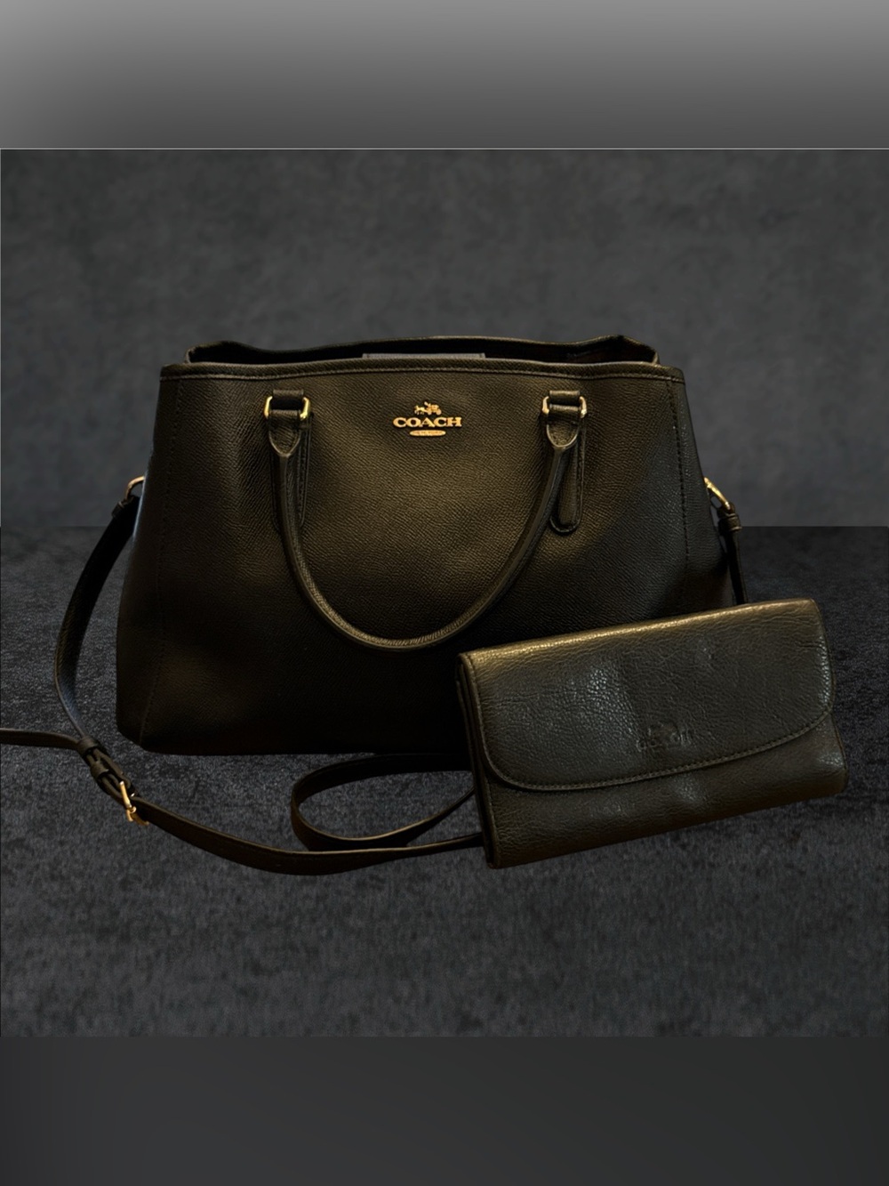 COACH F57527 SMALL MARGOT CARRYALL CROSSGRAIN LEATHER BLACK HANDBAG WITH WALLET - Picture 1 of 16